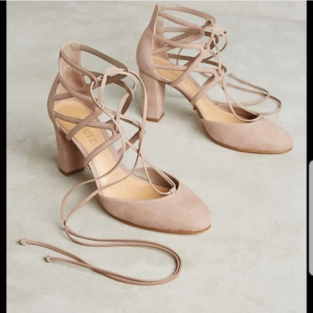 SCHUTZ Arya Caged Strappy Lace Up Block Heel Pump Taupe Size 7 Anthropologie